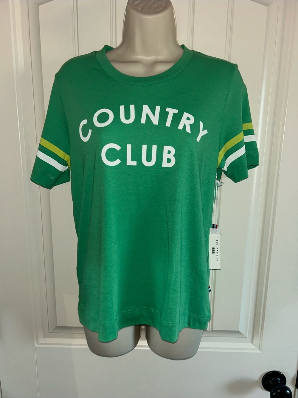 NWT Sol Angeles Green "Country Club" Short Sleeve Tee with Stripe Sleeves Sz S